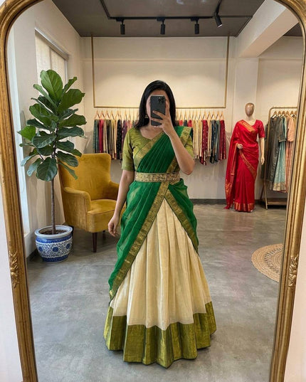 Cotton Silk Lehenga Choli Set | Gold Border | Rangoli Silk Dupatta & Waist Belt | Fully Stitched - Rosepetals Luxe