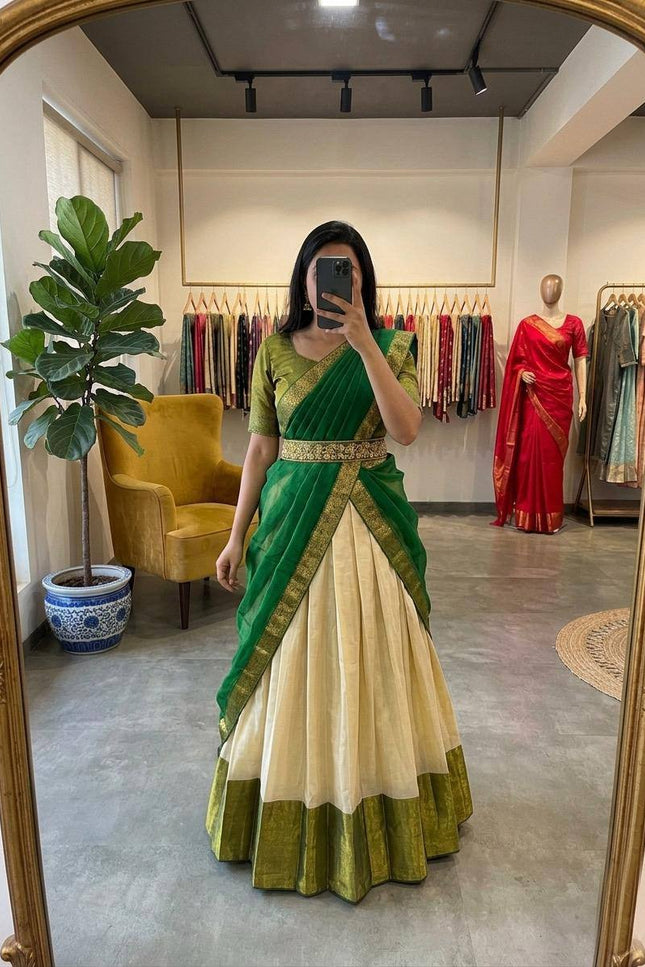 Cotton Silk Lehenga Choli Set | Gold Border | Rangoli Silk Dupatta & Waist Belt | Fully Stitched - Rosepetals Luxe