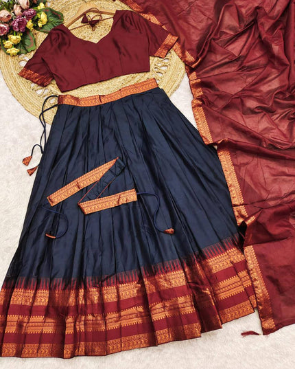 Cotton Silk Lehenga Choli Set | Gold Border | Rangoli Silk Dupatta & Waist Belt | Fully Stitched - Rosepetals Luxe