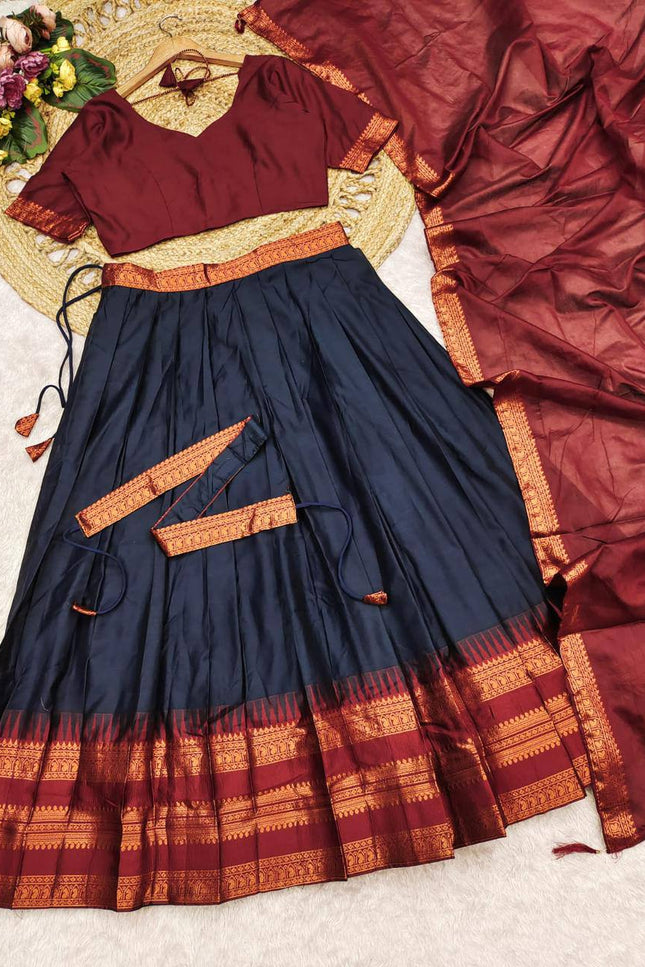 Cotton Silk Lehenga Choli Set | Gold Border | Rangoli Silk Dupatta & Waist Belt | Fully Stitched - Rosepetals Luxe