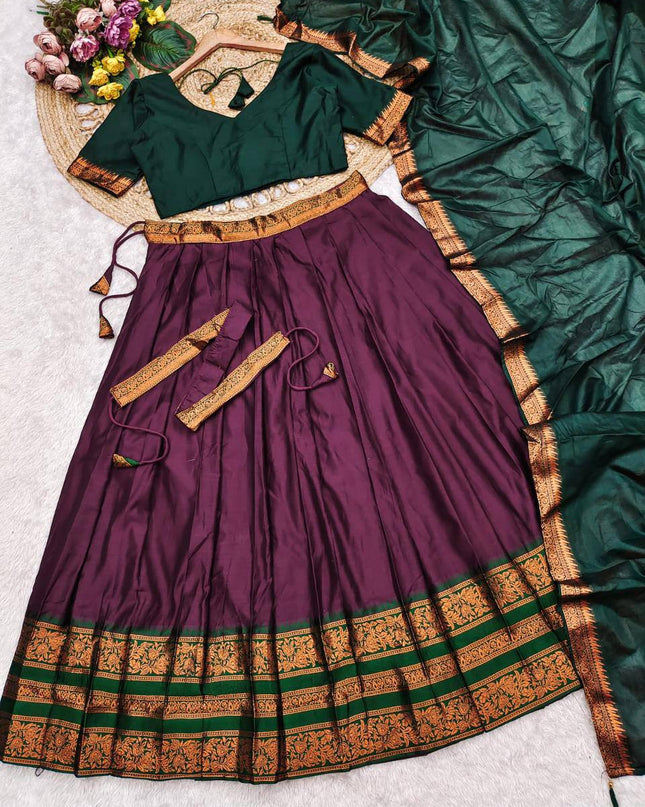 Cotton Silk Lehenga Choli Set | Gold Border | Rangoli Silk Dupatta & Waist Belt | Fully Stitched - Rosepetals Luxe