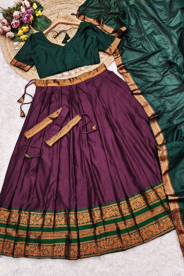 Cotton Silk Lehenga Choli Set | Gold Border | Rangoli Silk Dupatta & Waist Belt | Fully Stitched - Rosepetals Luxe