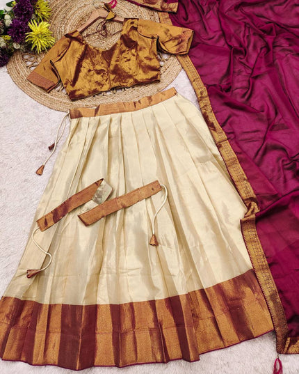 Cotton Silk Lehenga Choli Set | Gold Border | Rangoli Silk Dupatta & Waist Belt | Fully Stitched - Rosepetals Luxe