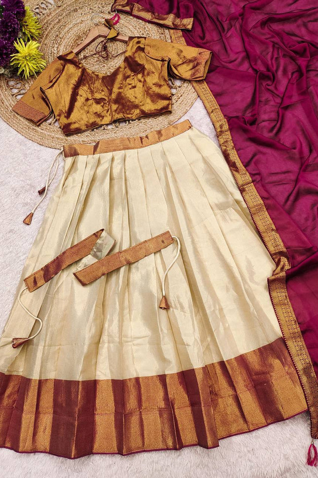 Cotton Silk Lehenga Choli Set | Gold Border | Rangoli Silk Dupatta & Waist Belt | Fully Stitched - Rosepetals Luxe