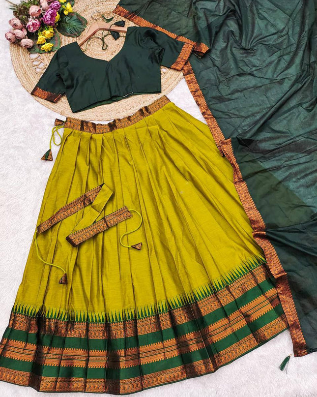 Cotton Silk Lehenga Choli Set | Gold Border | Rangoli Silk Dupatta & Waist Belt | Fully Stitched - Rosepetals Luxe