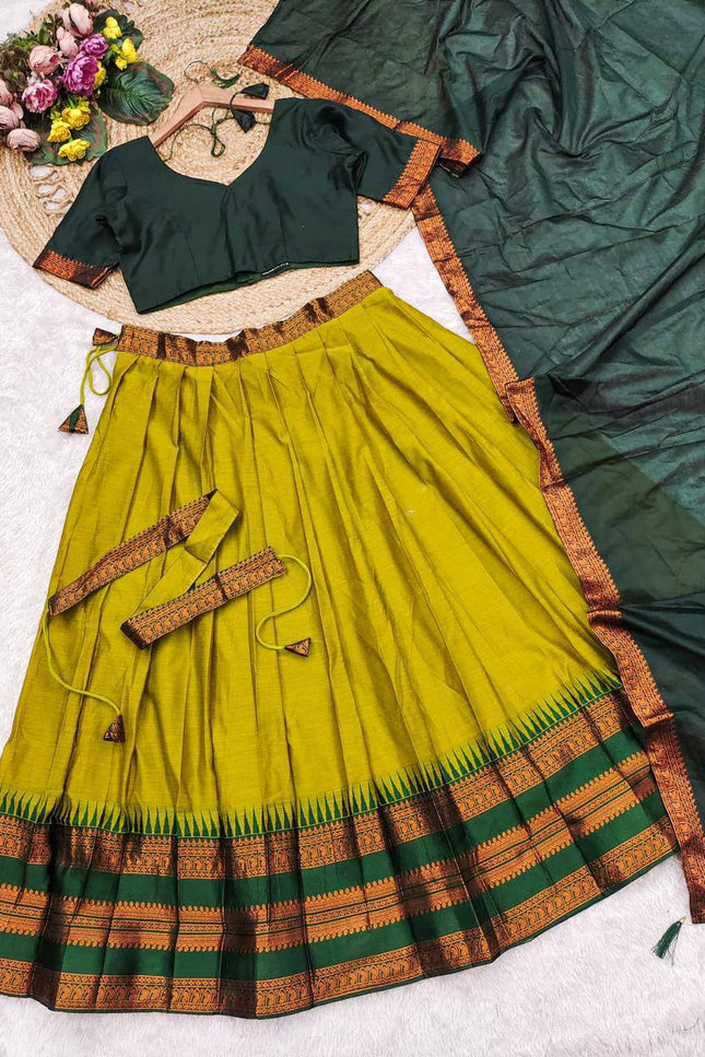 Cotton Silk Lehenga Choli Set | Gold Border | Rangoli Silk Dupatta & Waist Belt | Fully Stitched - Rosepetals Luxe