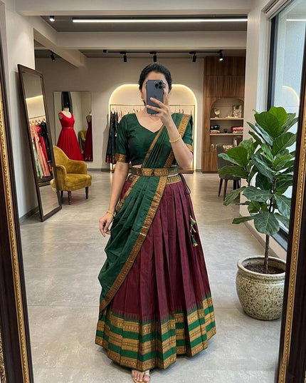 Cotton Silk Lehenga Choli Set | Gold Border | Rangoli Silk Dupatta & Waist Belt | Fully Stitched - Rosepetals Luxe
