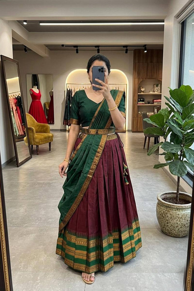 Cotton Silk Lehenga Choli Set | Gold Border | Rangoli Silk Dupatta & Waist Belt | Fully Stitched - Rosepetals Luxe