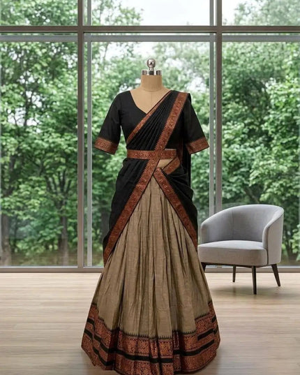 Cotton Silk Lehenga Set | South Indian Zari Border & Dhavani Drape | Ready to Wear - Rosepetals Luxe