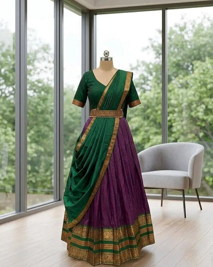 Cotton Silk Lehenga Set | South Indian Zari Border & Dhavani Drape | Ready to Wear - Rosepetals Luxe