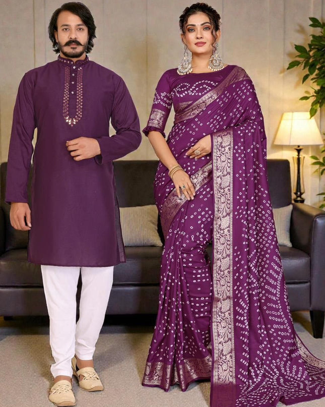 Couple Combo | Men's Silk Kurta Pajama & Women's Bandhej Silk Saree - Rosepetals Luxe
