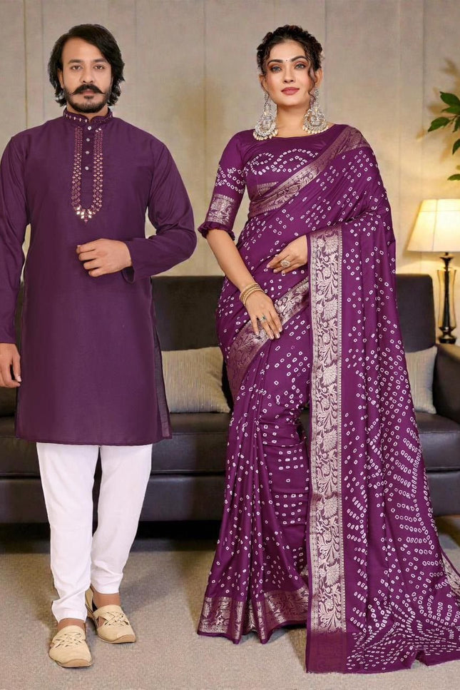 Couple Combo | Men's Silk Kurta Pajama & Women's Bandhej Silk Saree - Rosepetals Luxe