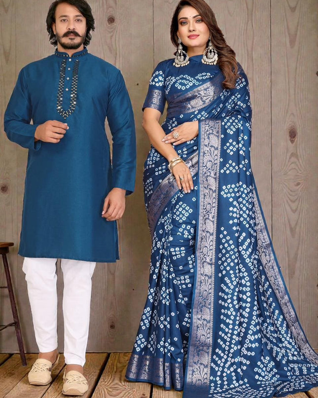 Couple Combo | Men's Silk Kurta Pajama & Women's Bandhej Silk Saree - Rosepetals Luxe