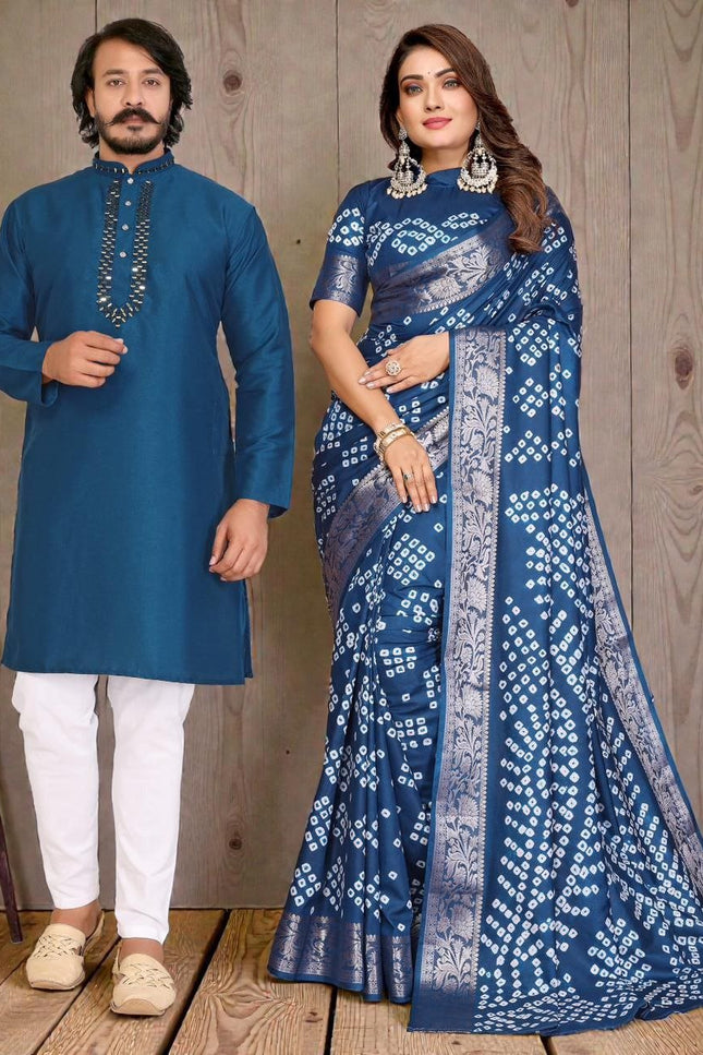 Couple Combo | Men's Silk Kurta Pajama & Women's Bandhej Silk Saree - Rosepetals Luxe