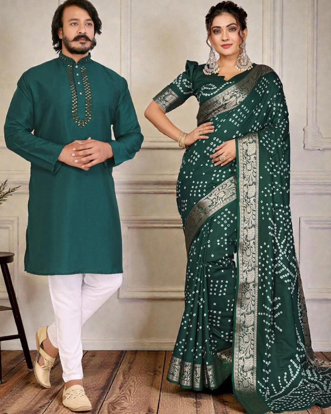 Couple Combo | Men's Silk Kurta Pajama & Women's Bandhej Silk Saree - Rosepetals Luxe