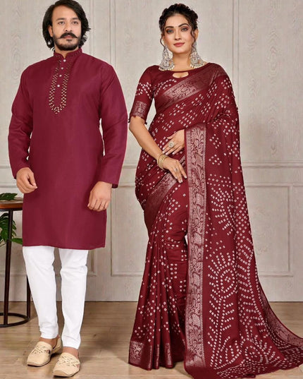Couple Combo | Men's Silk Kurta Pajama & Women's Bandhej Silk Saree - Rosepetals Luxe
