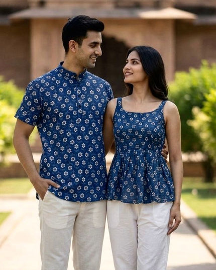 Couple Special | Women's Cotton Printed Short Top And Men's Kurta - Rosepetals Luxe