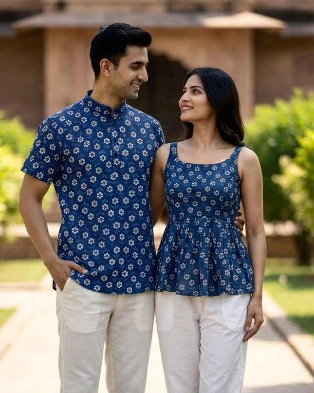 Couple Special | Women's Cotton Printed Short Top And Men's Kurta - Rosepetals Luxe