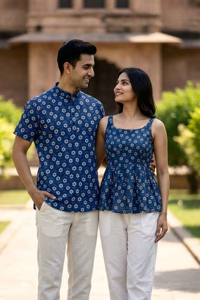 Couple Special | Women's Cotton Printed Short Top And Men's Kurta - Rosepetals Luxe