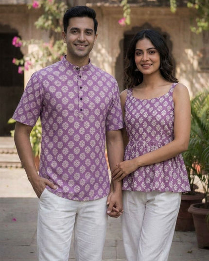 Couple Special | Women's Cotton Printed Short Top And Men's Kurta - Rosepetals Luxe
