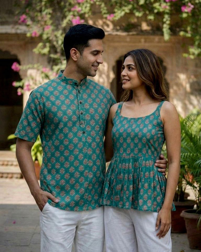 Couple Special | Women's Cotton Printed Short Top And Men's Kurta - Rosepetals Luxe
