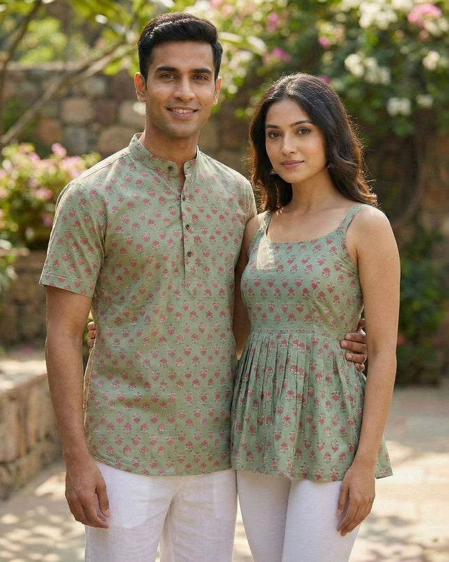 Couple Special | Women's Cotton Printed Short Top And Men's Kurta - Rosepetals Luxe