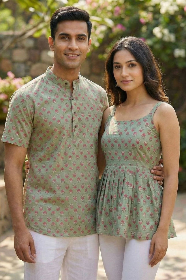 Couple Special | Women's Cotton Printed Short Top And Men's Kurta - Rosepetals Luxe