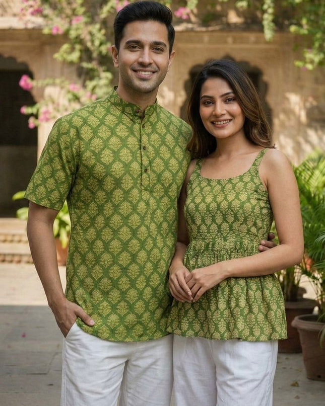 Couple Special | Women's Cotton Printed Short Top And Men's Kurta - Rosepetals Luxe