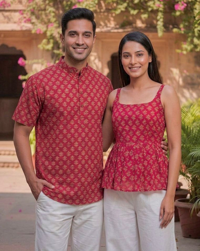 Couple Special | Women's Cotton Printed Short Top And Men's Kurta - Rosepetals Luxe