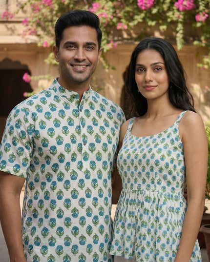 Couple Special | Women's Cotton Printed Short Top And Men's Kurta - Rosepetals Luxe