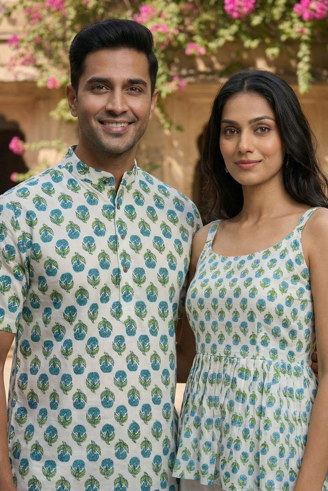 Couple Special | Women's Cotton Printed Short Top And Men's Kurta - Rosepetals Luxe