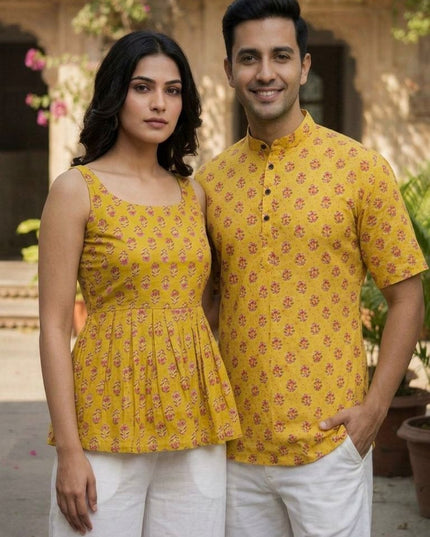 Couple Special | Women's Cotton Printed Short Top And Men's Kurta - Rosepetals Luxe