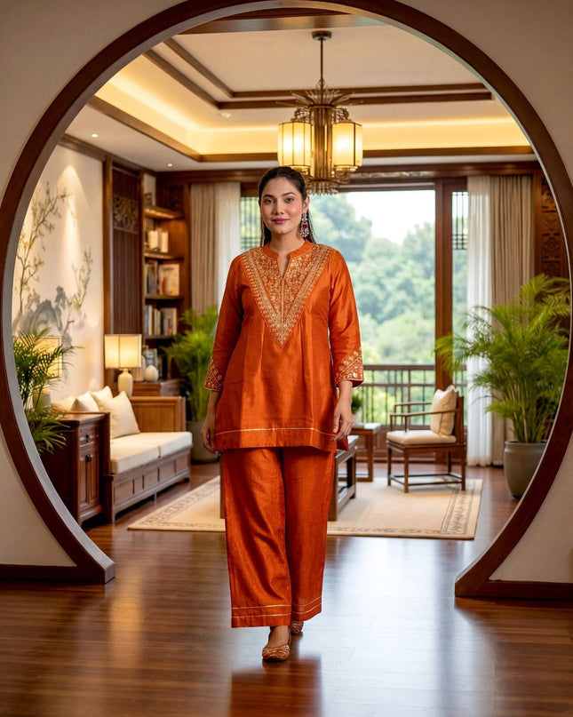 CP Vichitra Silk Short Kurti Set with Palazzo & Dupatta - Rosepetals Luxe