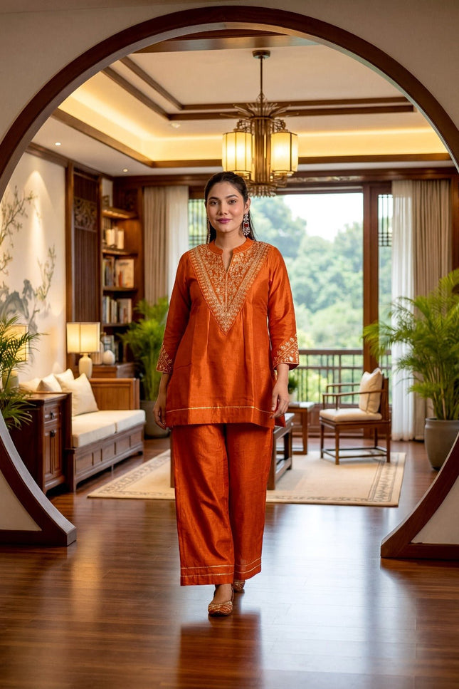 CP Vichitra Silk Short Kurti Set with Palazzo & Dupatta - Rosepetals Luxe