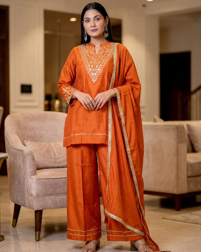 CP Vichitra Silk Short Kurti Set with Palazzo & Dupatta - Rosepetals Luxe