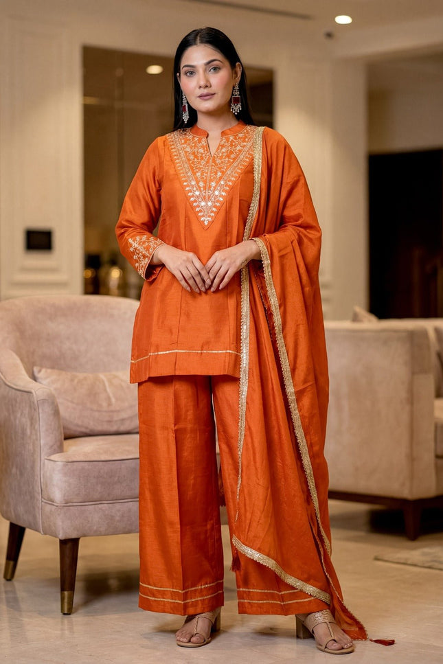 CP Vichitra Silk Short Kurti Set with Palazzo & Dupatta - Rosepetals Luxe