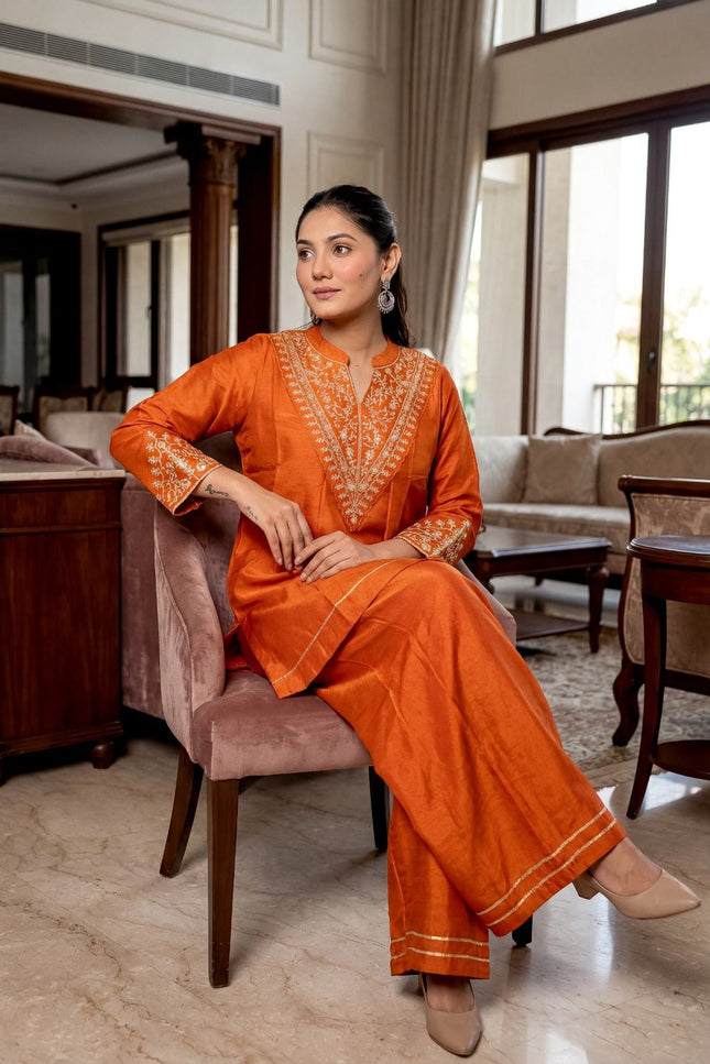 CP Vichitra Silk Short Kurti Set with Palazzo & Dupatta - Rosepetals Luxe