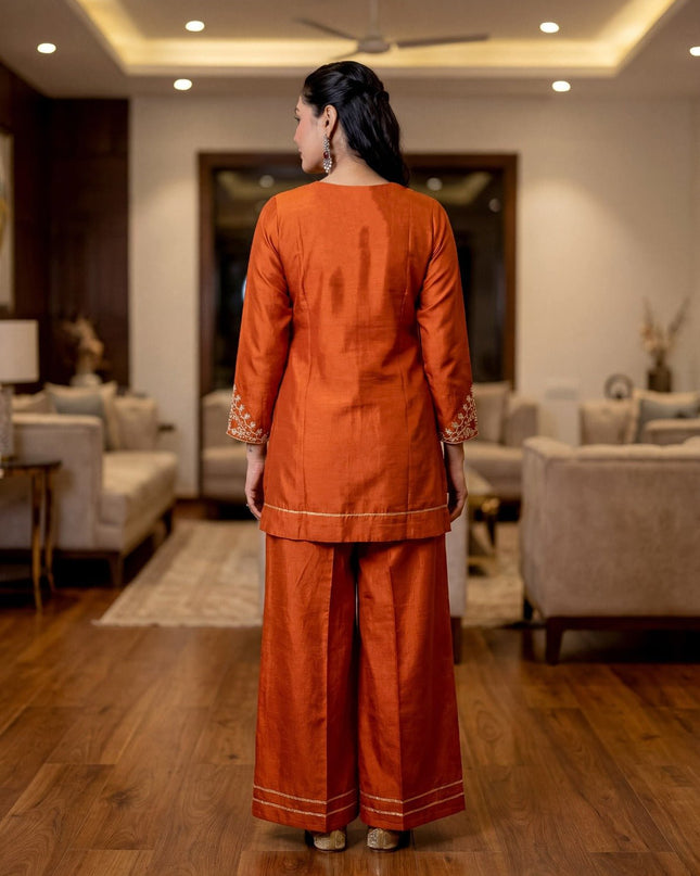 CP Vichitra Silk Short Kurti Set with Palazzo & Dupatta - Rosepetals Luxe