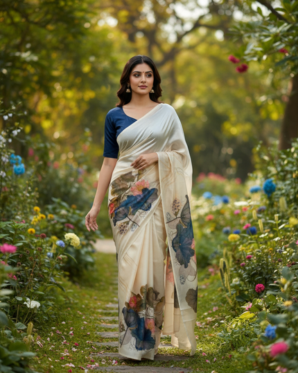 White Chinon Saree with Aari Work and Premium Floral Digital Print