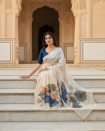 Chinon White Saree with Aari Work and Premium Floral Digital Print