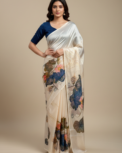 Chinon White Saree with Aari Work and Premium Floral Digital Print