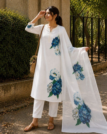Cream Printed Lilan Cotton Kurta Set | Kurta Pant Dupatta with Lining - Rosepetals Luxe