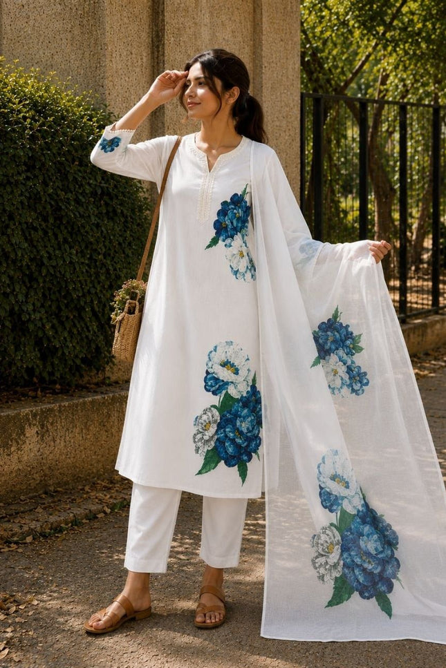 Cream Printed Lilan Cotton Kurta Set | Kurta Pant Dupatta with Lining - Rosepetals Luxe