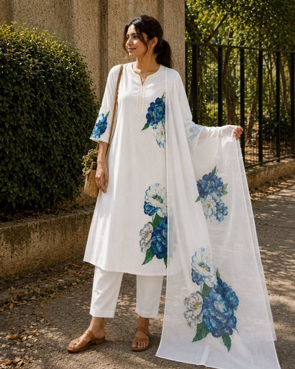 Cream Printed Lilan Cotton Kurta Set | Kurta Pant Dupatta with Lining - Rosepetals Luxe
