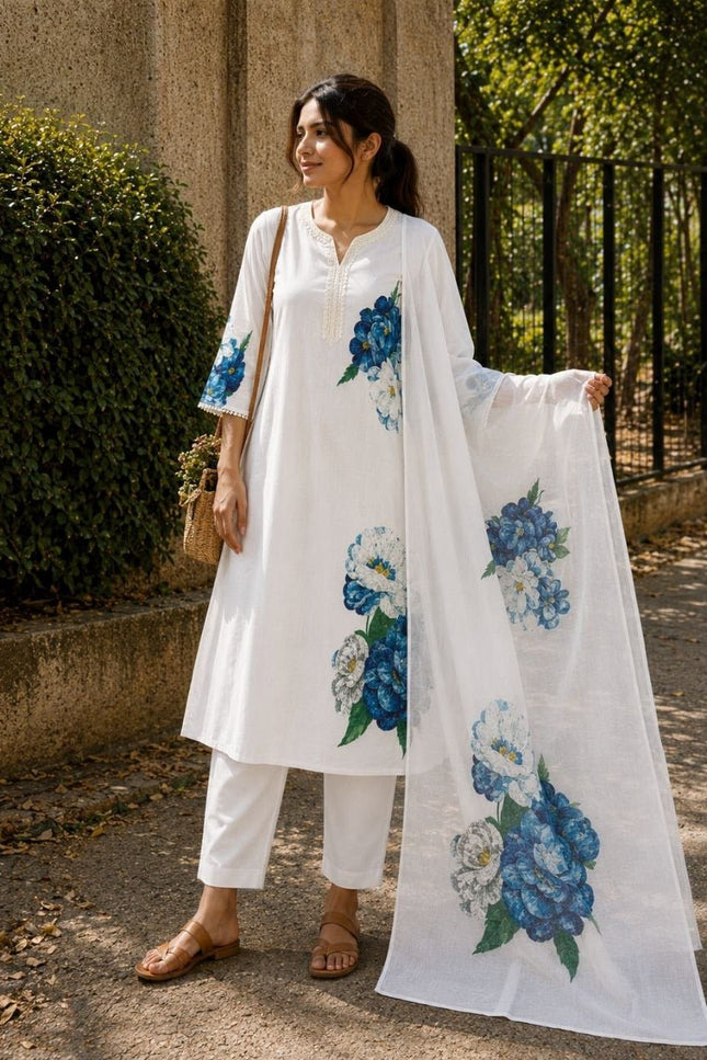 Cream Printed Lilan Cotton Kurta Set | Kurta Pant Dupatta with Lining - Rosepetals Luxe