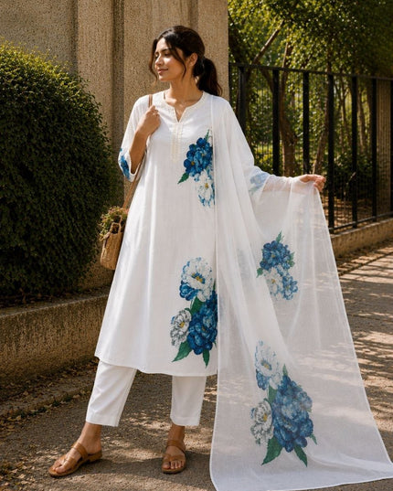 Cream Printed Lilan Cotton Kurta Set | Kurta Pant Dupatta with Lining - Rosepetals Luxe
