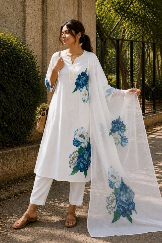 Cream Printed Lilan Cotton Kurta Set | Kurta Pant Dupatta with Lining - Rosepetals Luxe