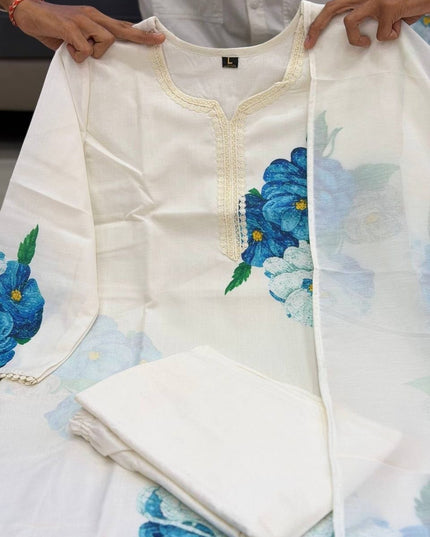 Cream Printed Lilan Cotton Kurta Set | Kurta Pant Dupatta with Lining - Rosepetals Luxe