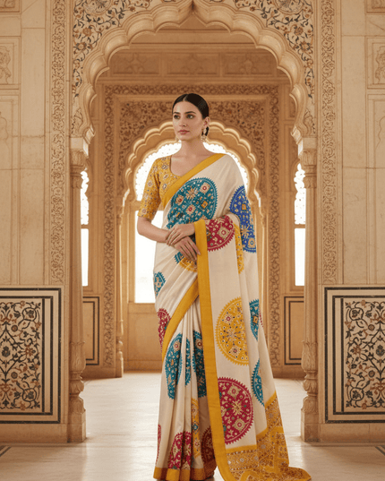 Crepe Silk Patola Print Saree with Mirror Work | Festive Wear - Rosepetals Luxe