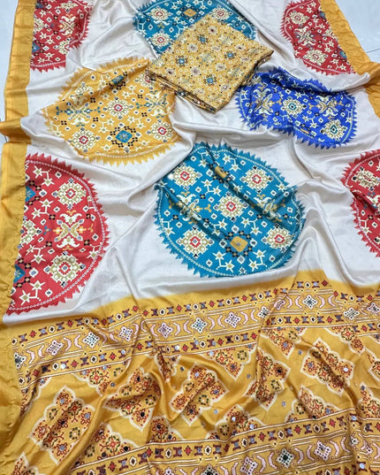 Crepe Silk Patola Print Saree with Mirror Work | Festive Wear - Rosepetals Luxe
